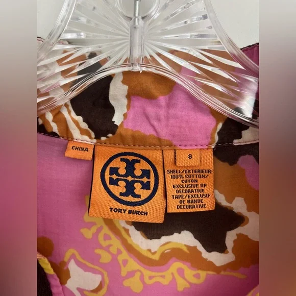 Tory Burch Pink Floral Tunic Top Size 8 Boho Beach Resort 100% Cotton Brown Trim - Picture 2 of 10